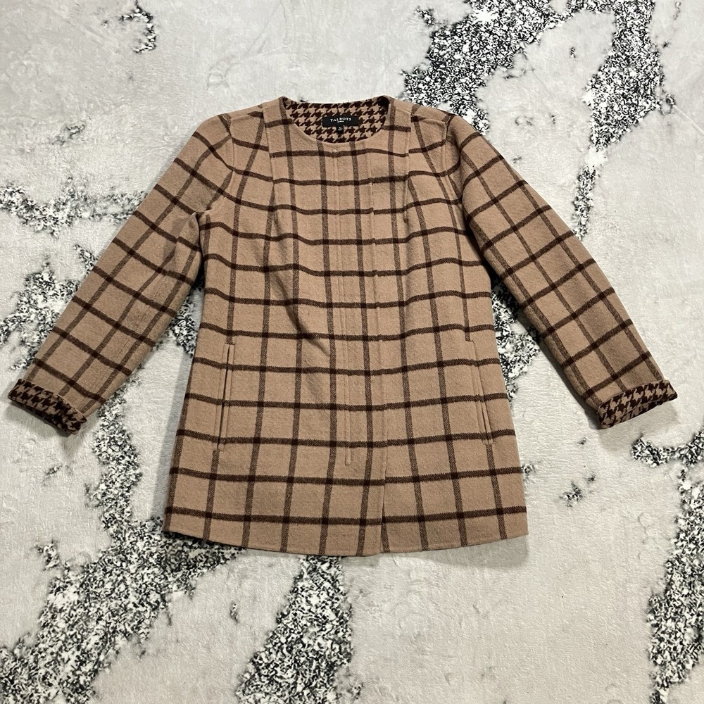 Talbots Jacket Womens Sz Petite SP‎ Brown Plaid Wool Blend Coat Lightweight